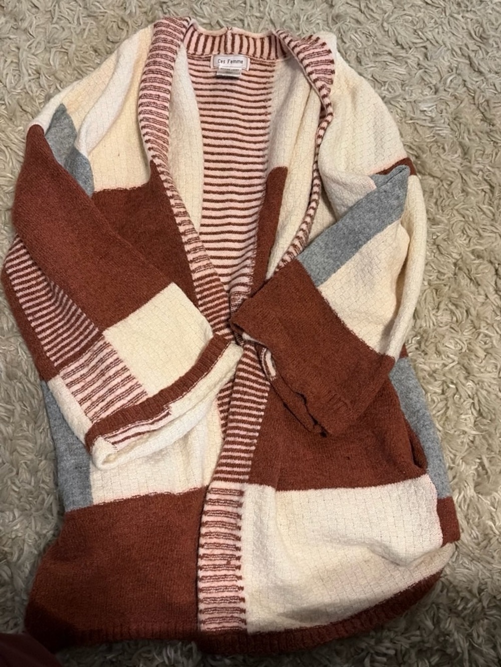 Ces Femme Cream, Rust & Gray Striped Open Cardigan